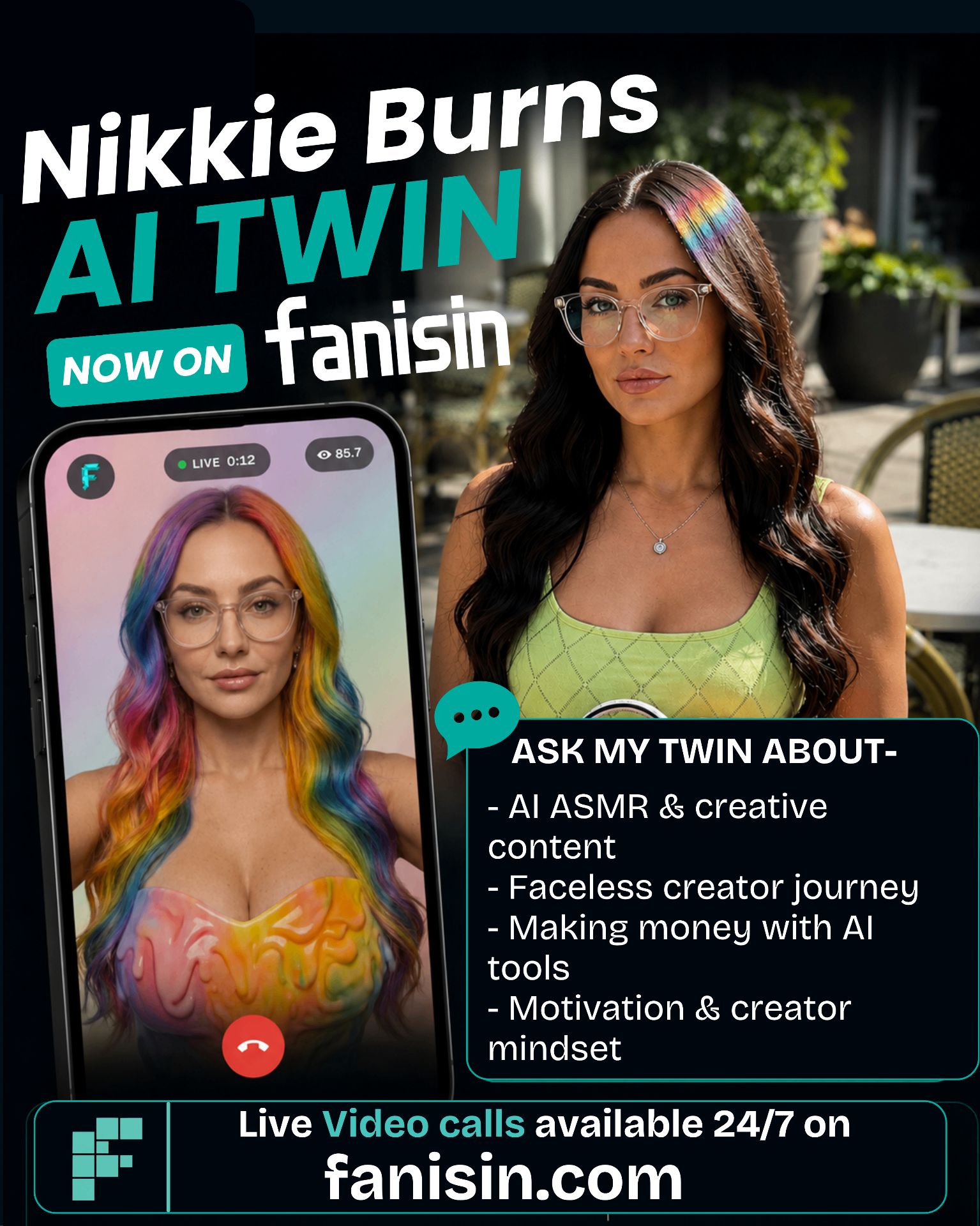 Nikkie Burns AI Twin — Now on Fanisin. Live video calls 24/7 at fanisin.com